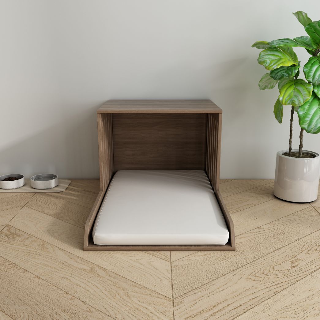 Minimalist Wooden Pet Nook with Plush Cushion & Side Table Function