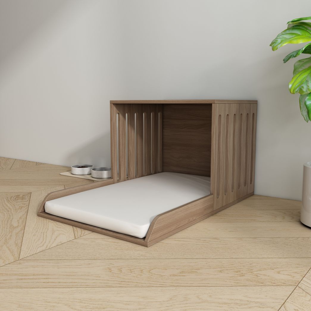 Minimalist Wooden Pet Nook with Plush Cushion & Side Table Function