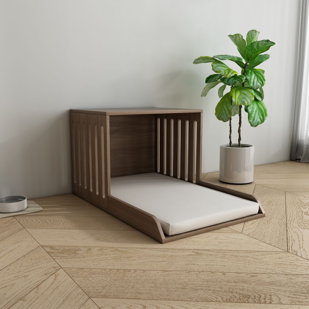 Minimalist Wooden Pet Nook with Plush Cushion & Side Table Function