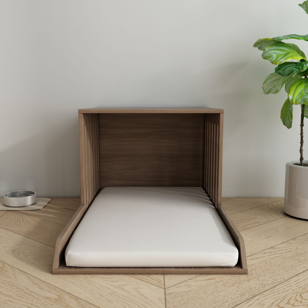 Minimalist Wooden Pet Nook with Plush Cushion & Side Table Function