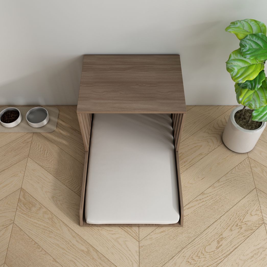 Minimalist Wooden Pet Nook with Plush Cushion & Side Table Function
