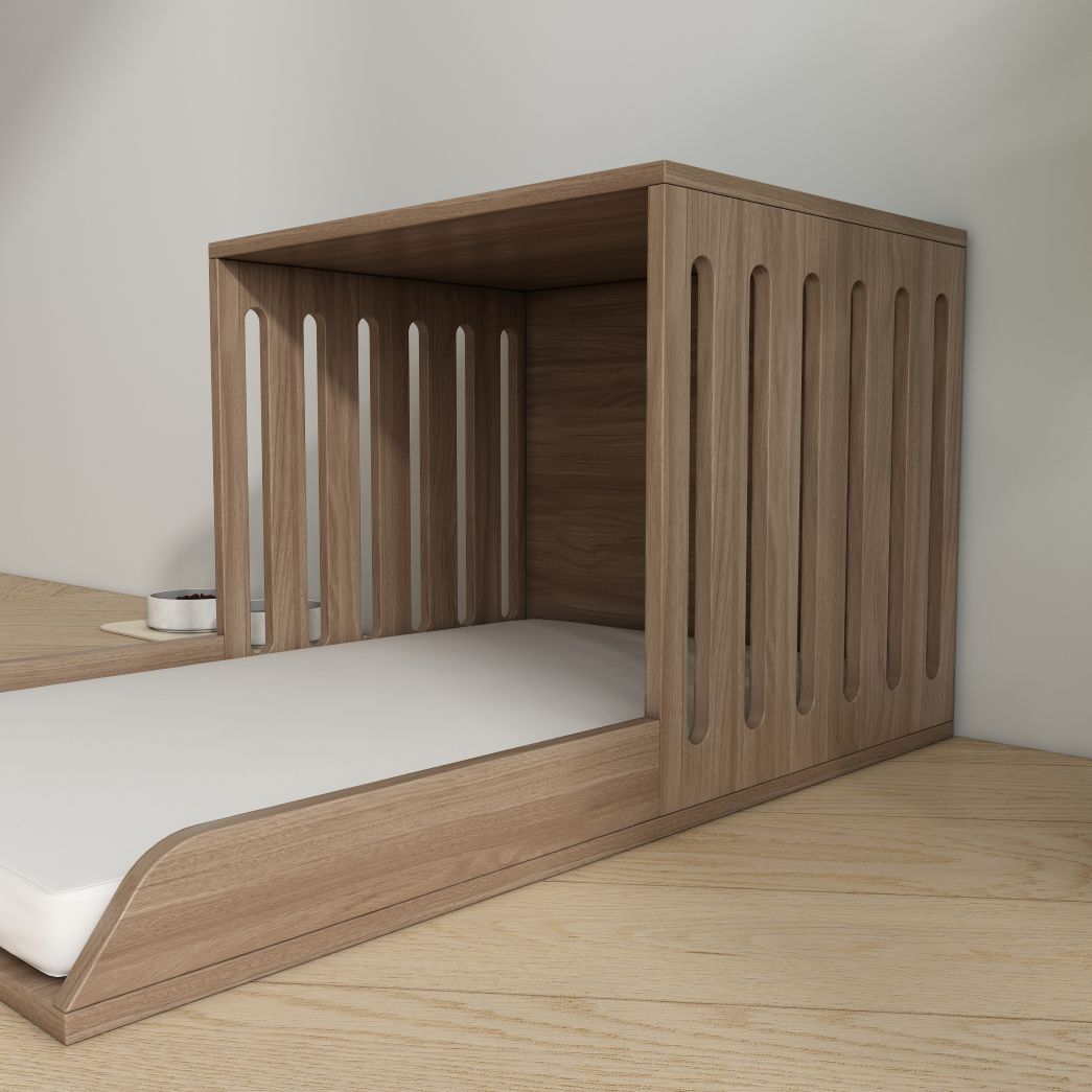 Minimalist Wooden Pet Nook with Plush Cushion & Side Table Function