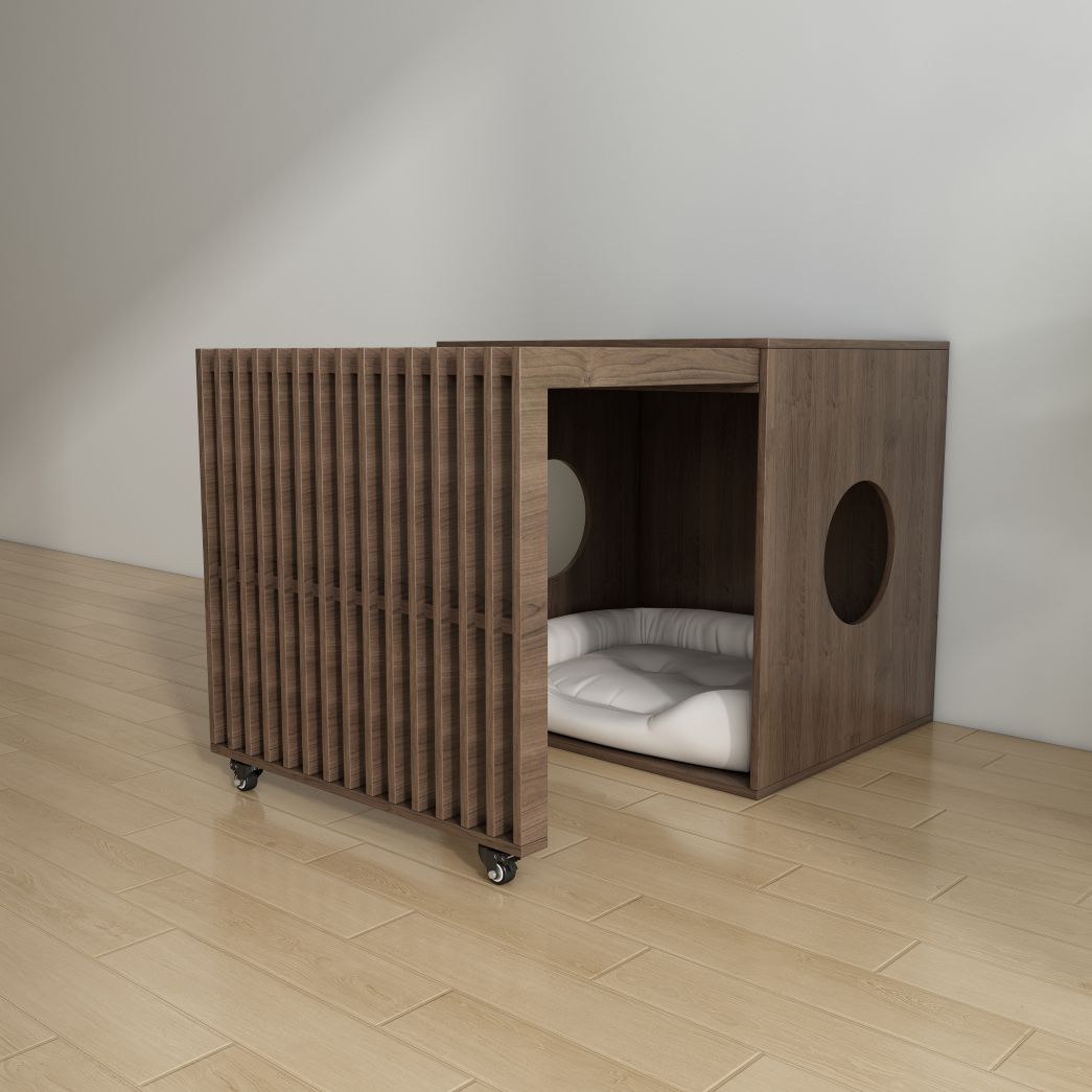 Wooden Slatted Dog Crate with Wheels & Cushion, Modern Indoor Pet Kennel