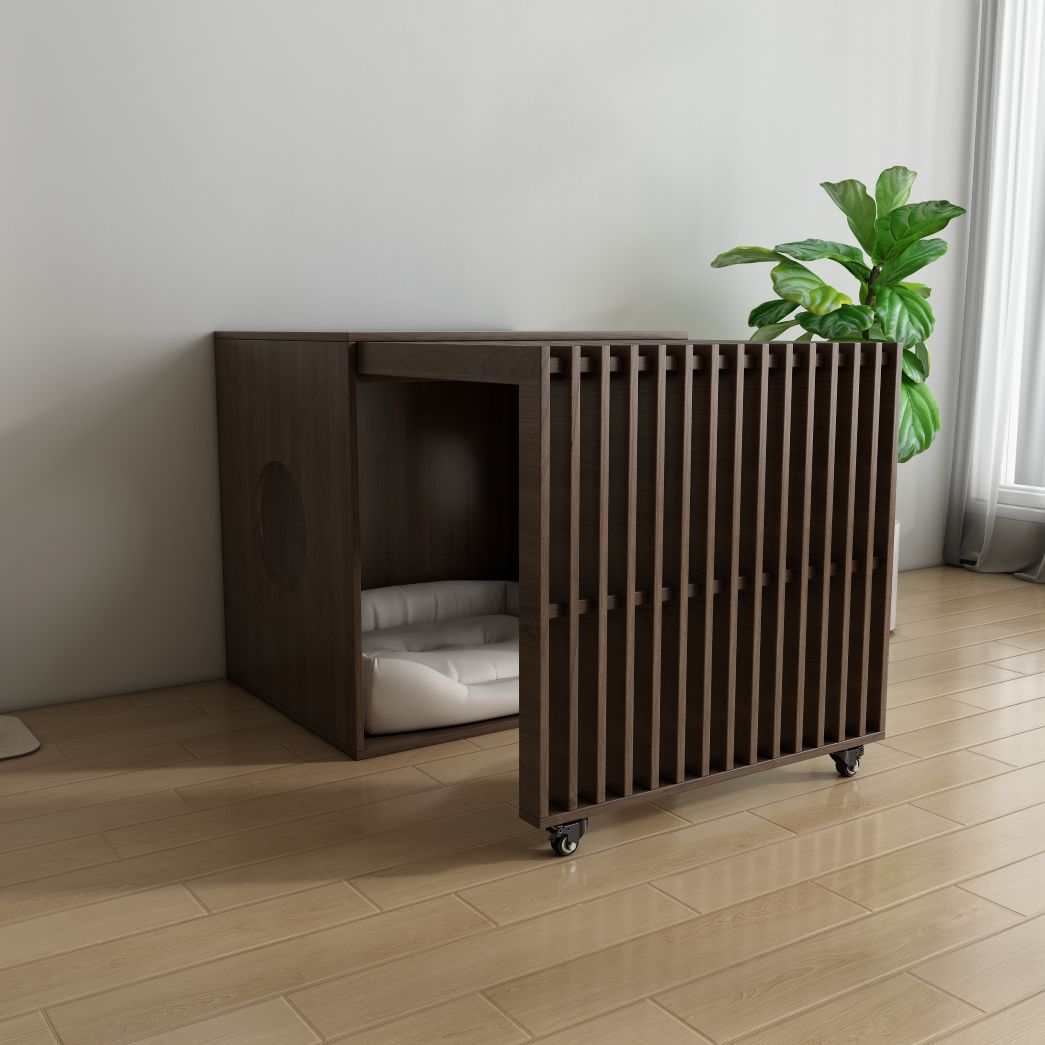Wooden Slatted Dog Crate with Wheels & Cushion, Modern Indoor Pet Kennel