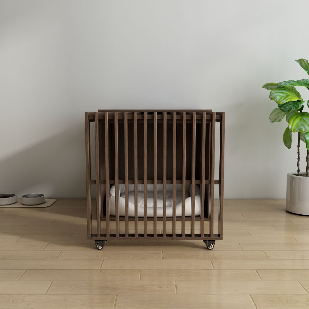 Wooden Slatted Dog Crate with Wheels & Cushion, Modern Indoor Pet Kennel