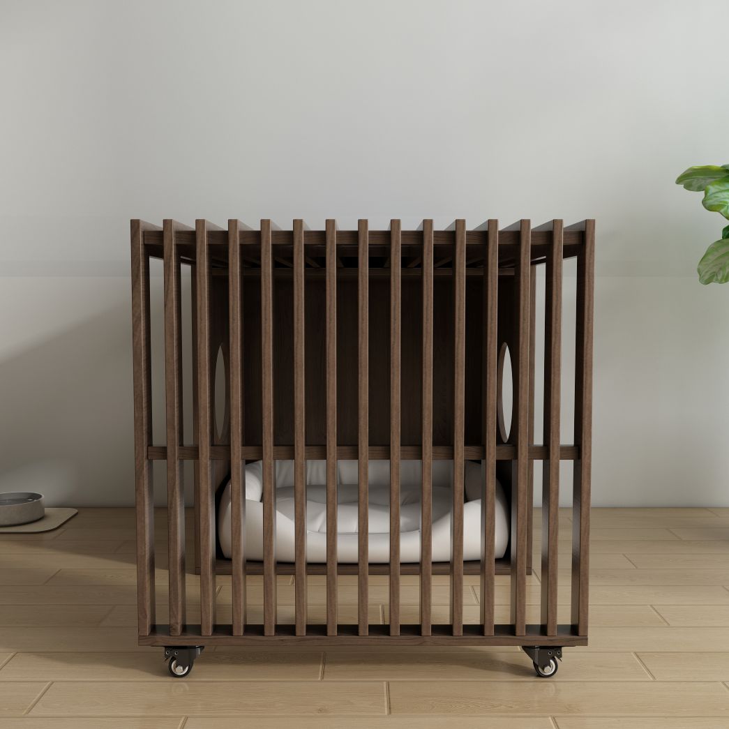 Wooden Slatted Dog Crate with Wheels & Cushion, Modern Indoor Pet Kennel