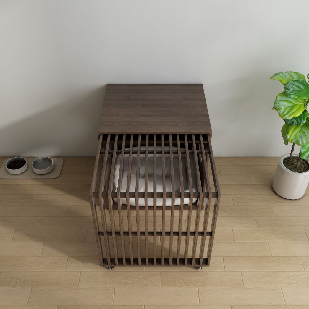 Wooden Slatted Dog Crate with Wheels & Cushion, Modern Indoor Pet Kennel