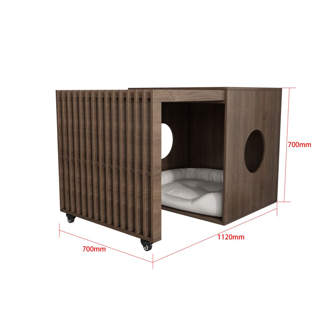 Wooden Slatted Dog Crate with Wheels & Cushion, Modern Indoor Pet Kennel