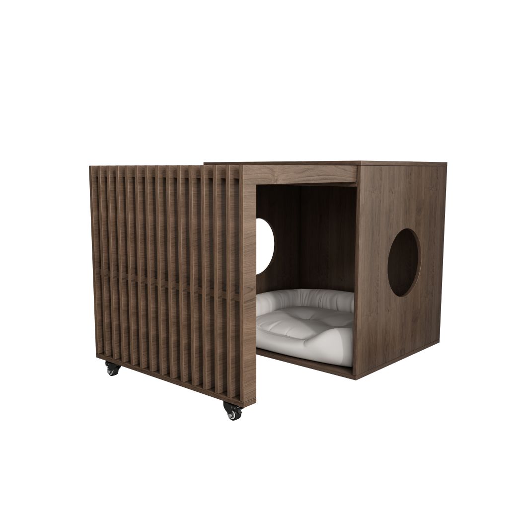 Wooden Slatted Dog Crate with Wheels & Cushion, Modern Indoor Pet Kennel