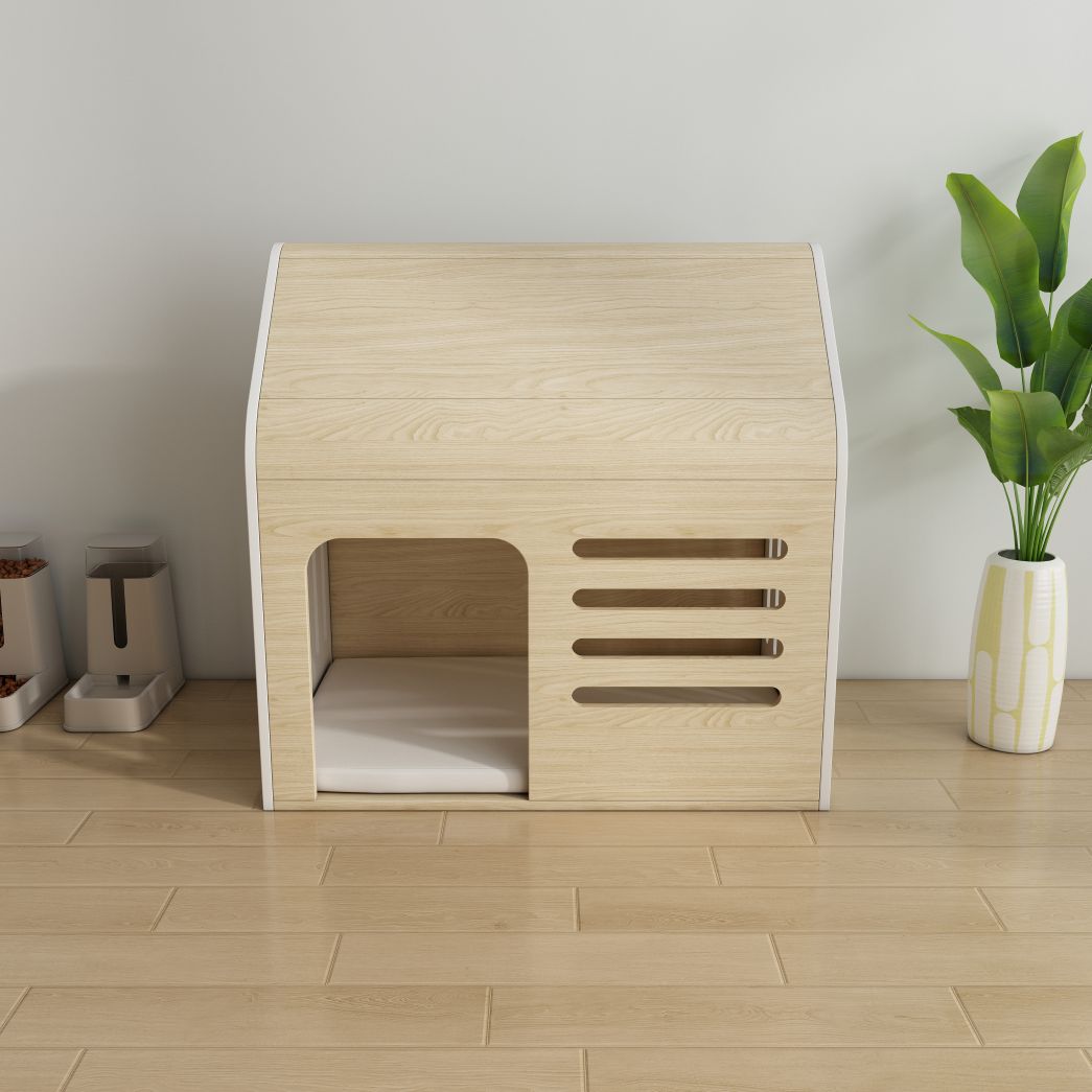 Light Wood Cat House with Ventilation Slots & Cushion, Indoor Pet Shelter