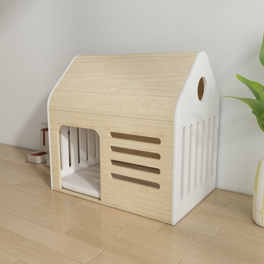Light Wood Cat House with Ventilation Slots & Cushion, Indoor Pet Shelter