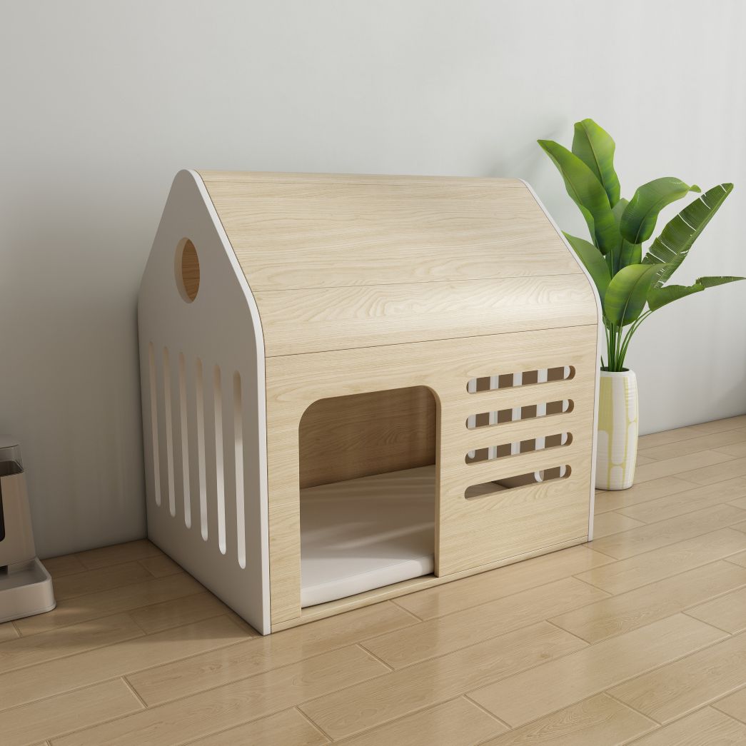 Light Wood Cat House with Ventilation Slots & Cushion, Indoor Pet Shelter