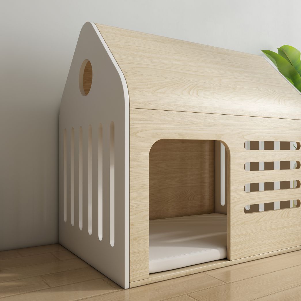 Light Wood Cat House with Ventilation Slots & Cushion, Indoor Pet Shelter