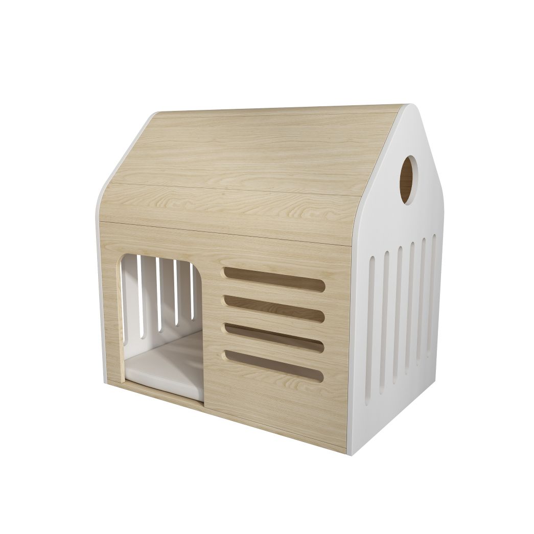 Light Wood Cat House with Ventilation Slots & Cushion, Indoor Pet Shelter