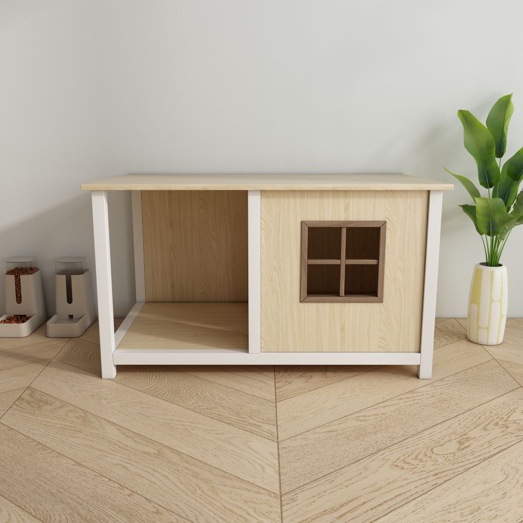 Two-Tone Wooden Cat House End Table with Open Nook & Grid Window