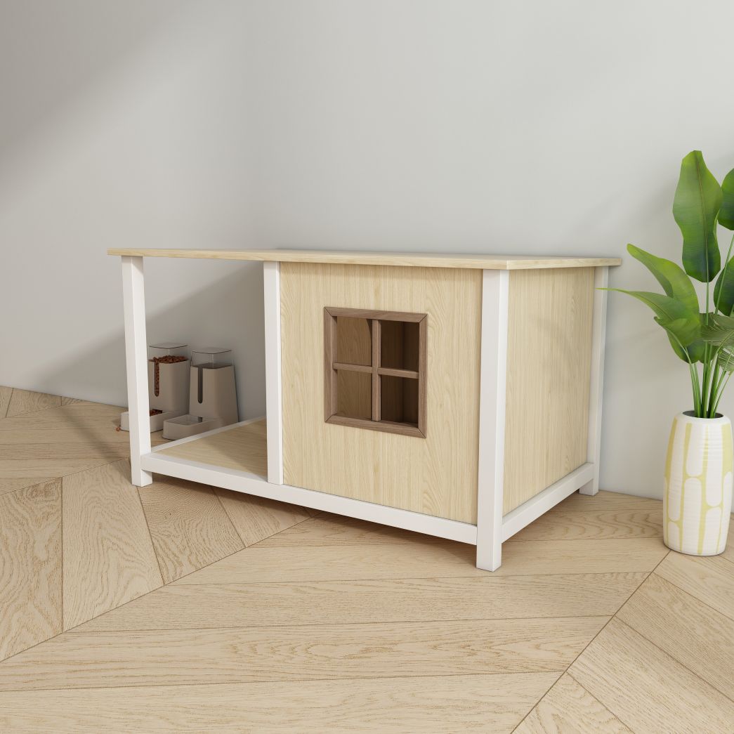 Two-Tone Wooden Cat House End Table with Open Nook & Grid Window