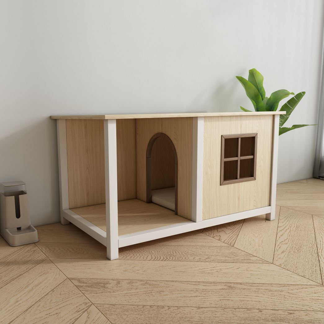 Two-Tone Wooden Cat House End Table with Open Nook & Grid Window