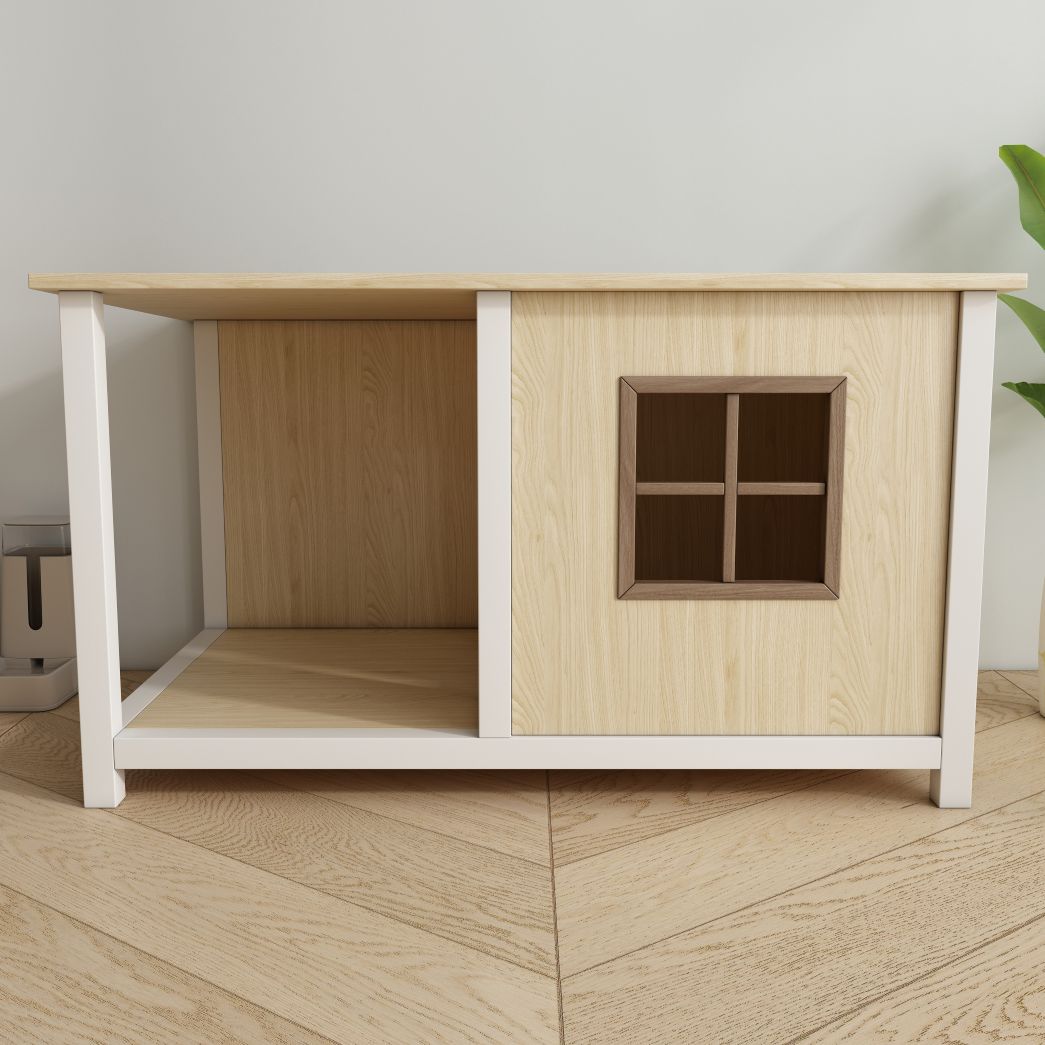 Two-Tone Wooden Cat House End Table with Open Nook & Grid Window