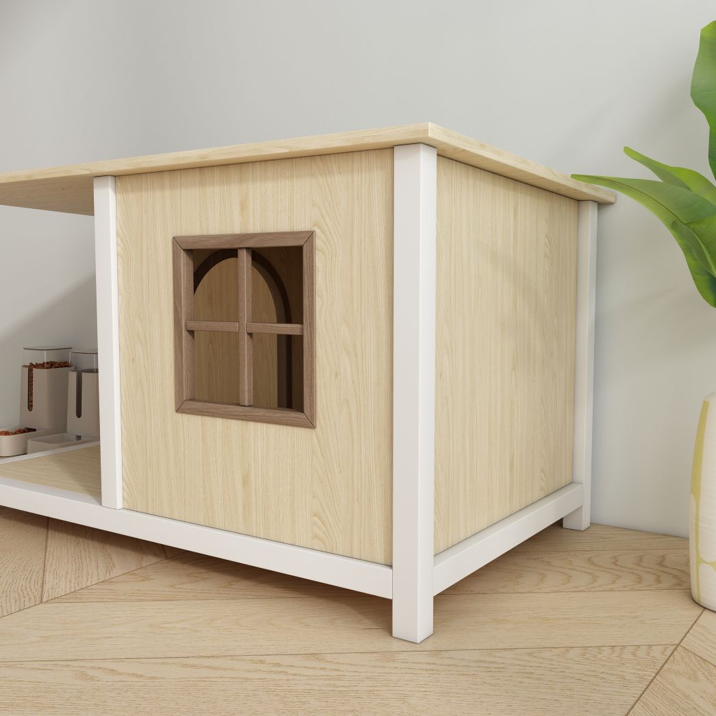 Two-Tone Wooden Cat House End Table with Open Nook & Grid Window