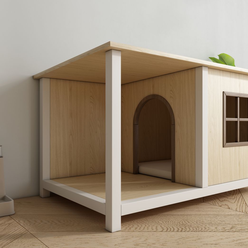 Two-Tone Wooden Cat House End Table with Open Nook & Grid Window