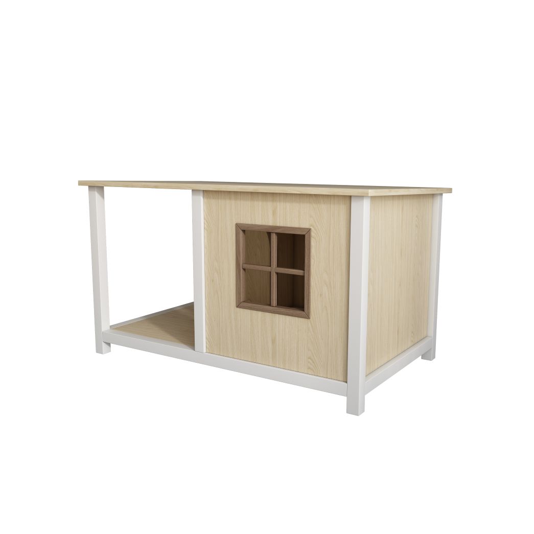 Two-Tone Wooden Cat House End Table with Open Nook & Grid Window