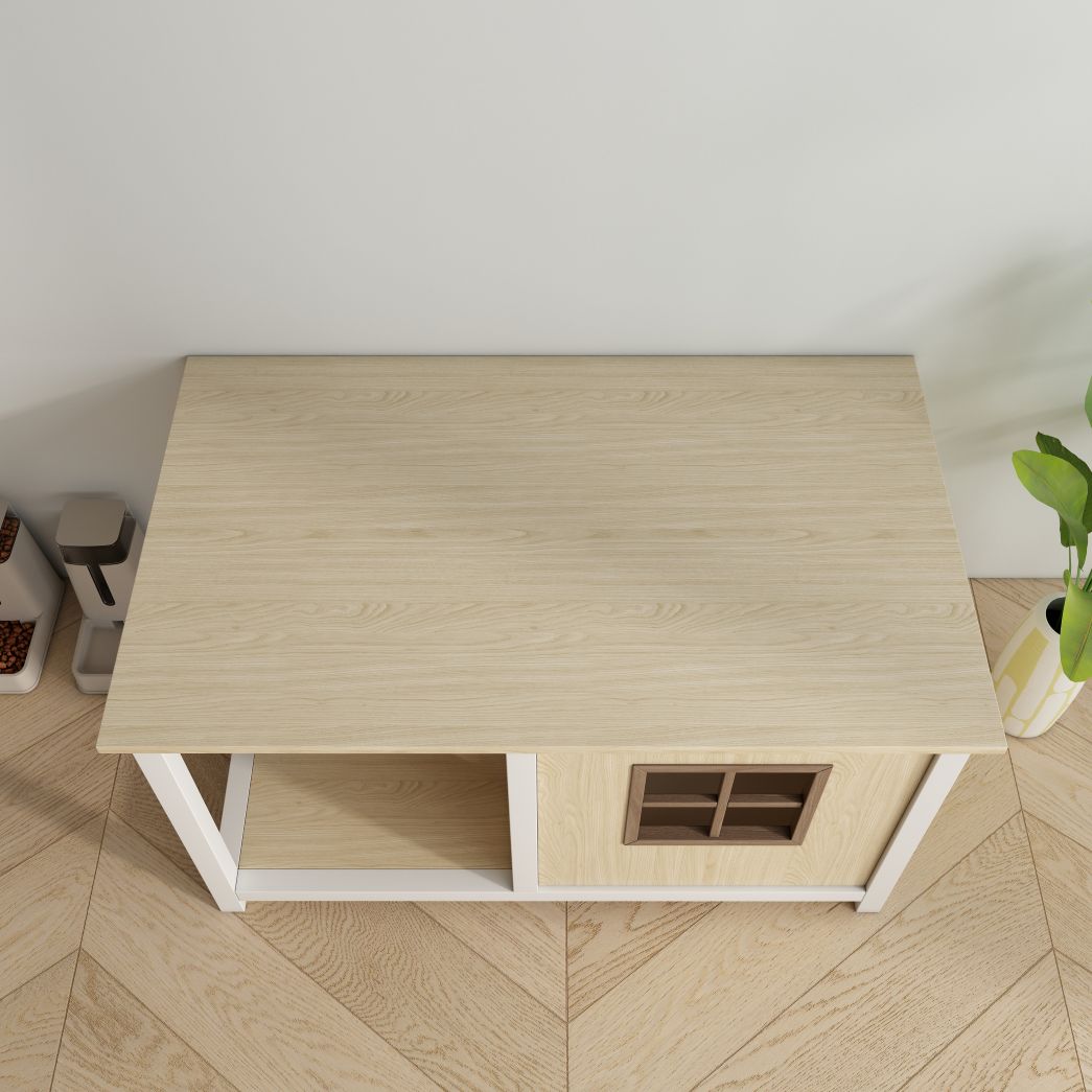 Two-Tone Wooden Cat House End Table with Open Nook & Grid Window