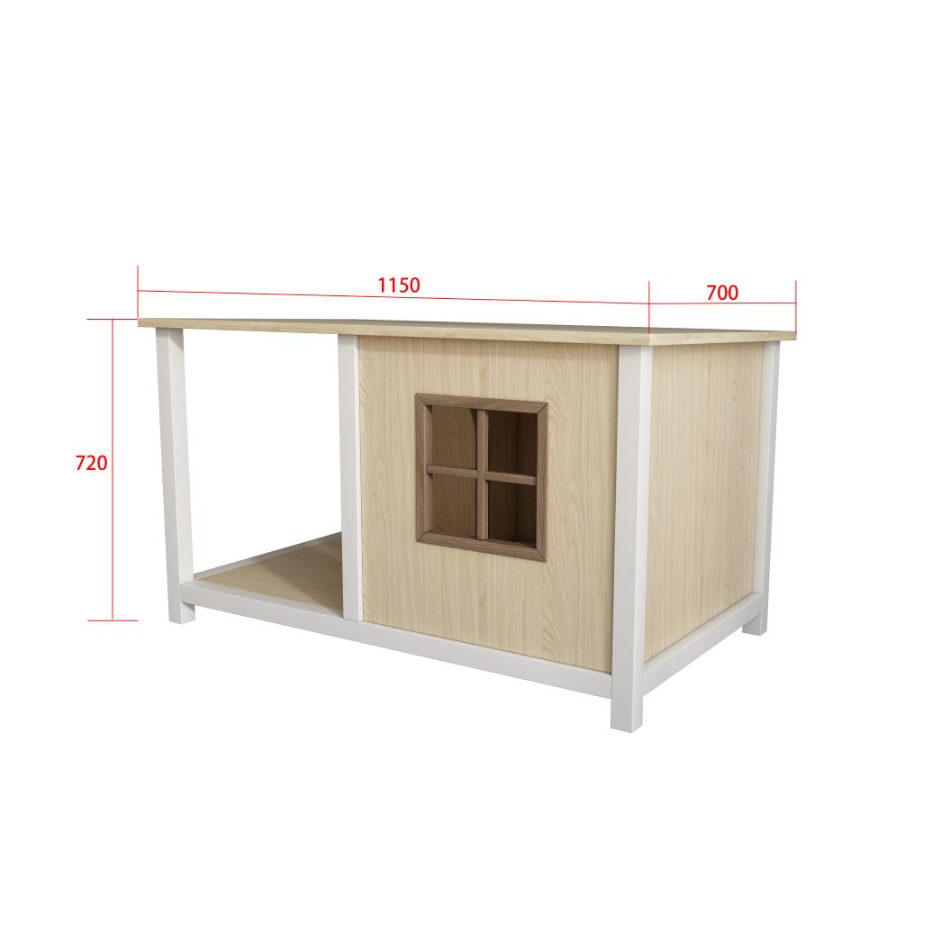 Two-Tone Wooden Cat House End Table with Open Nook & Grid Window