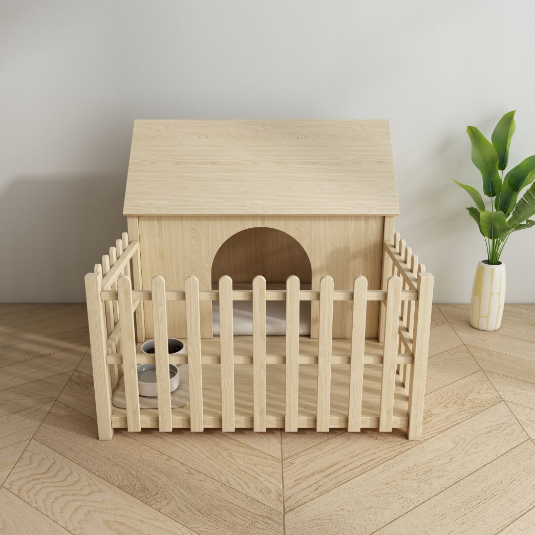 Light Wood Dog House with Fence, Indoor Pet Kennel & Feeding Area