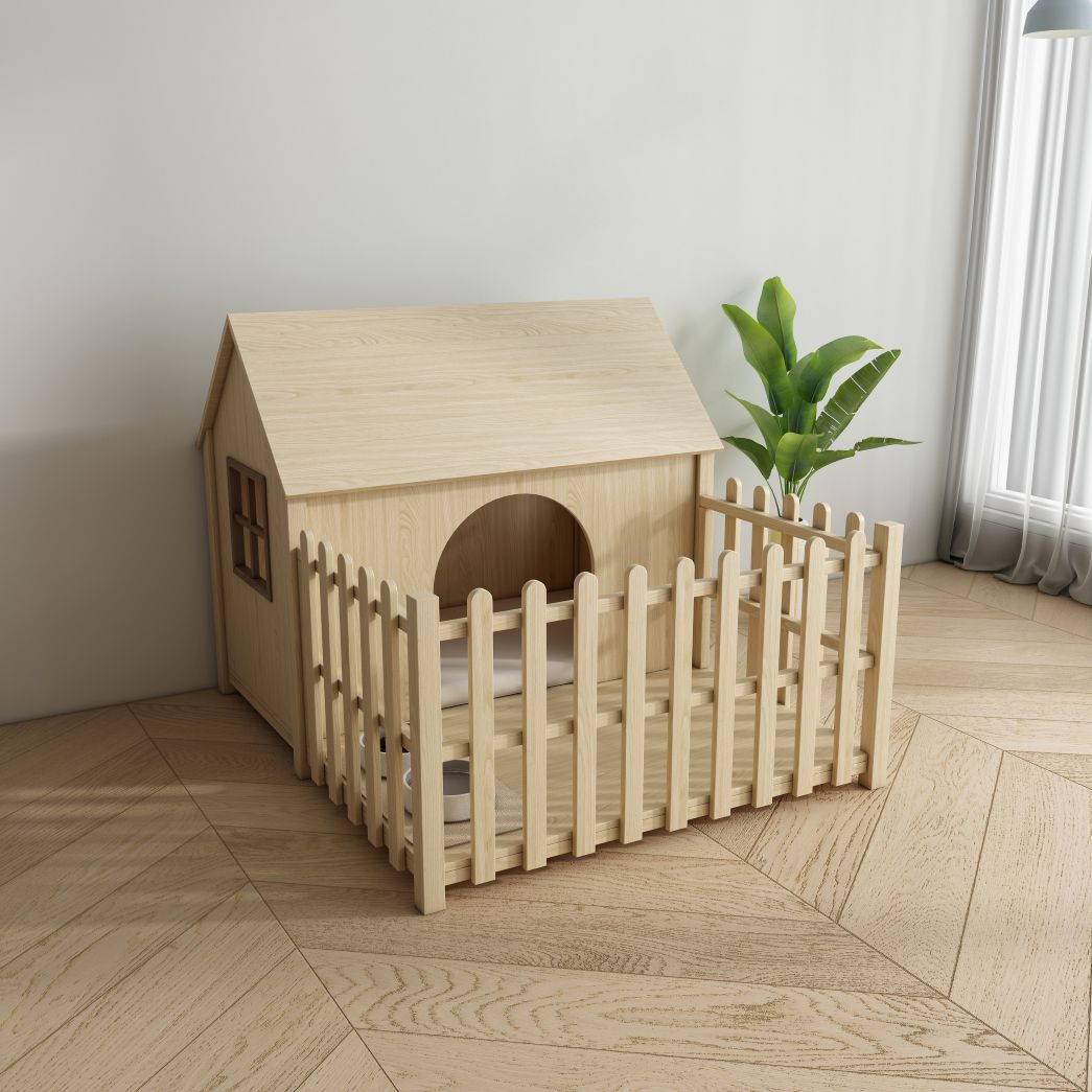 Light Wood Dog House with Fence, Indoor Pet Kennel & Feeding Area