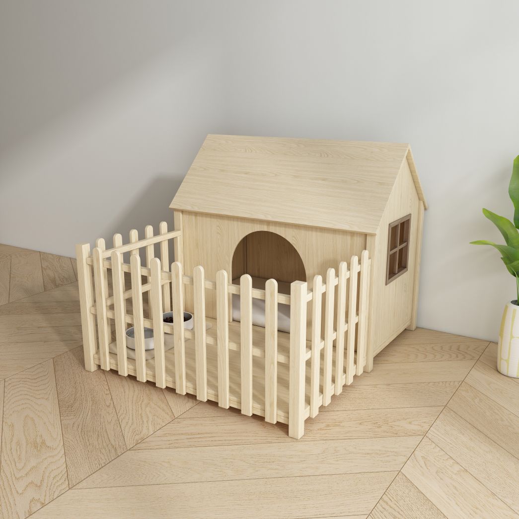 Light Wood Dog House with Fence, Indoor Pet Kennel & Feeding Area