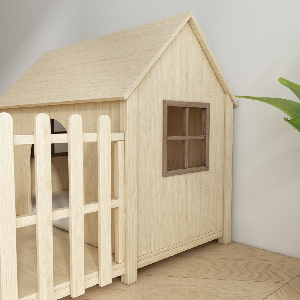 Light Wood Dog House with Fence, Indoor Pet Kennel & Feeding Area