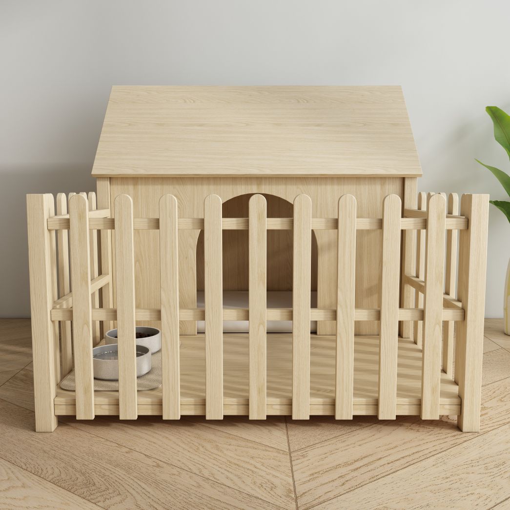 Light Wood Dog House with Fence, Indoor Pet Kennel & Feeding Area