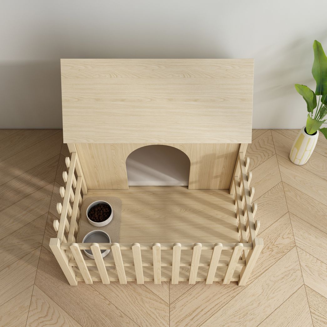 Light Wood Dog House with Fence, Indoor Pet Kennel & Feeding Area