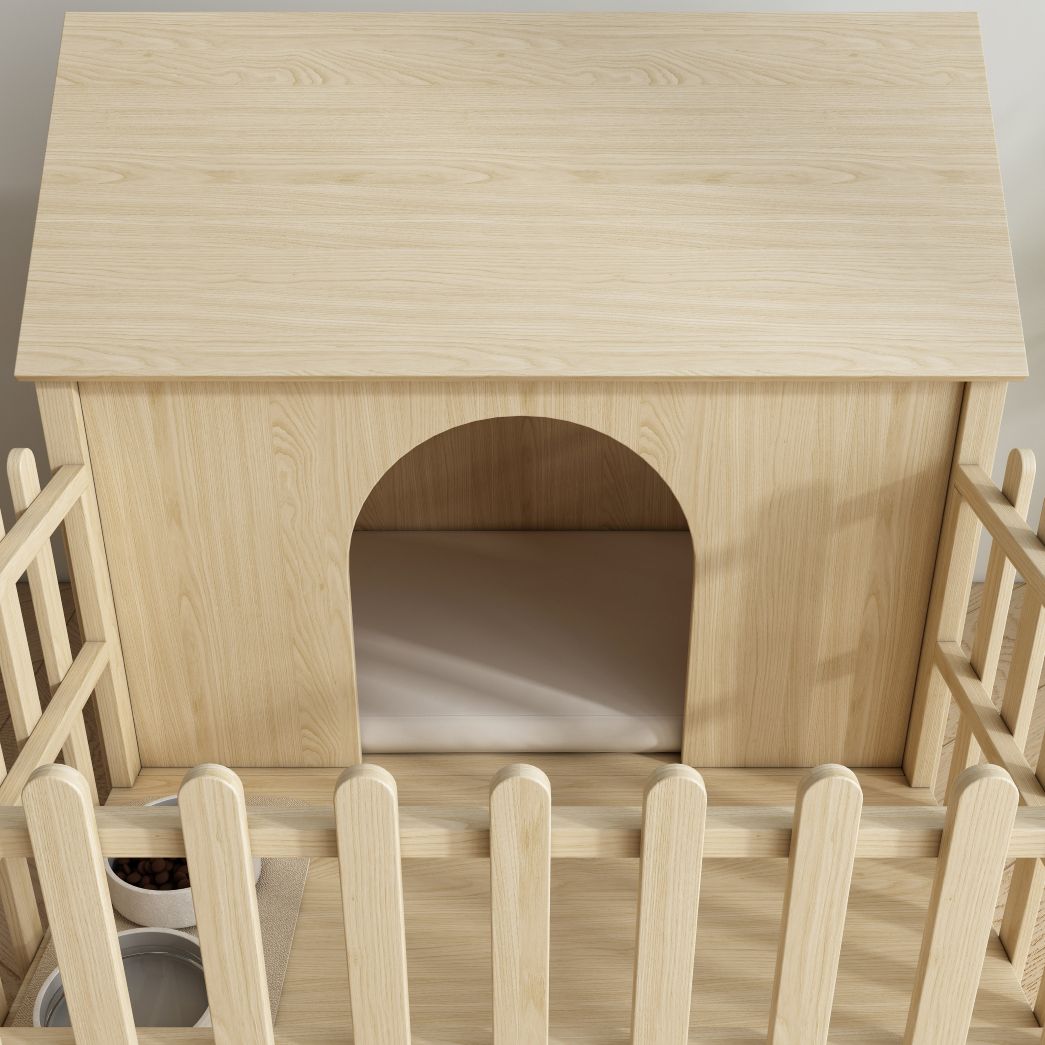 Light Wood Dog House with Fence, Indoor Pet Kennel & Feeding Area