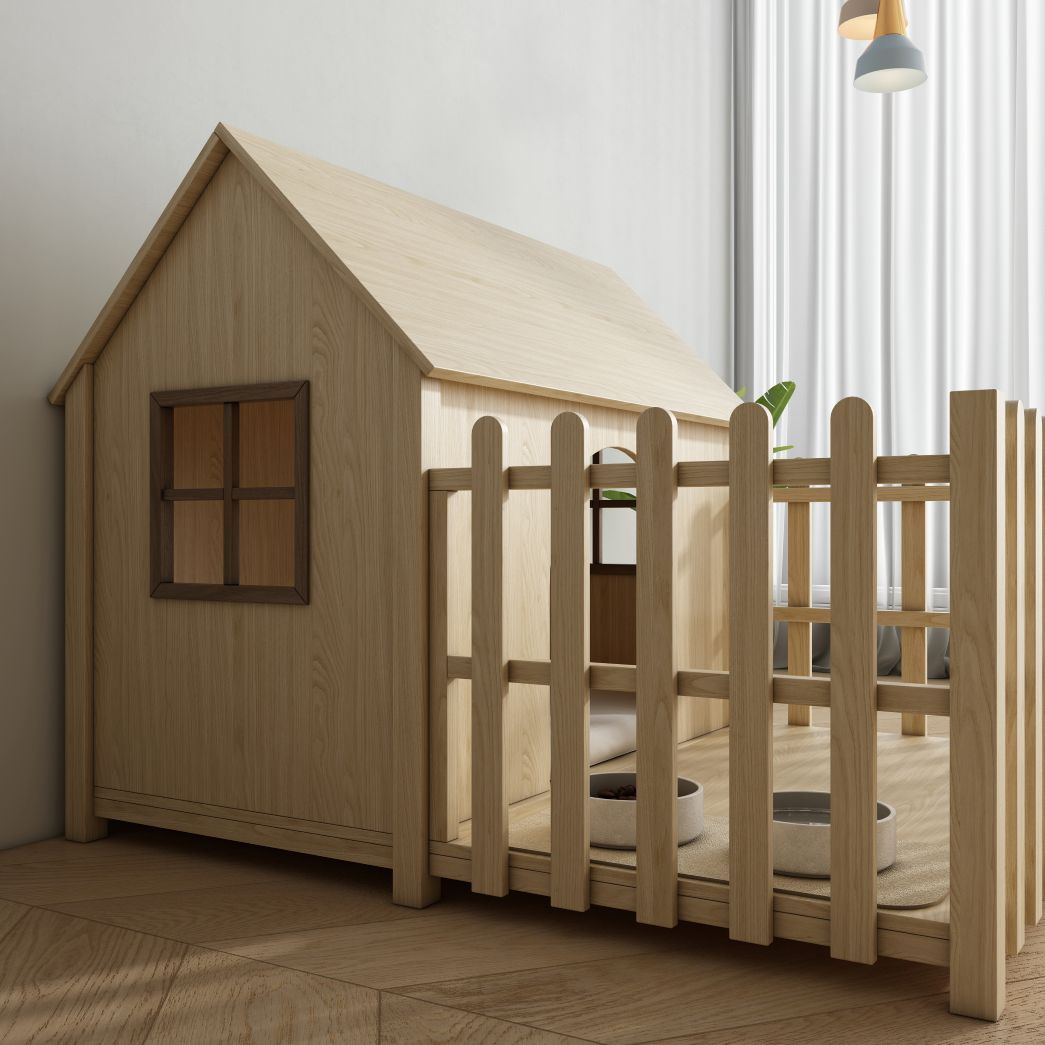 Light Wood Dog House with Fence, Indoor Pet Kennel & Feeding Area