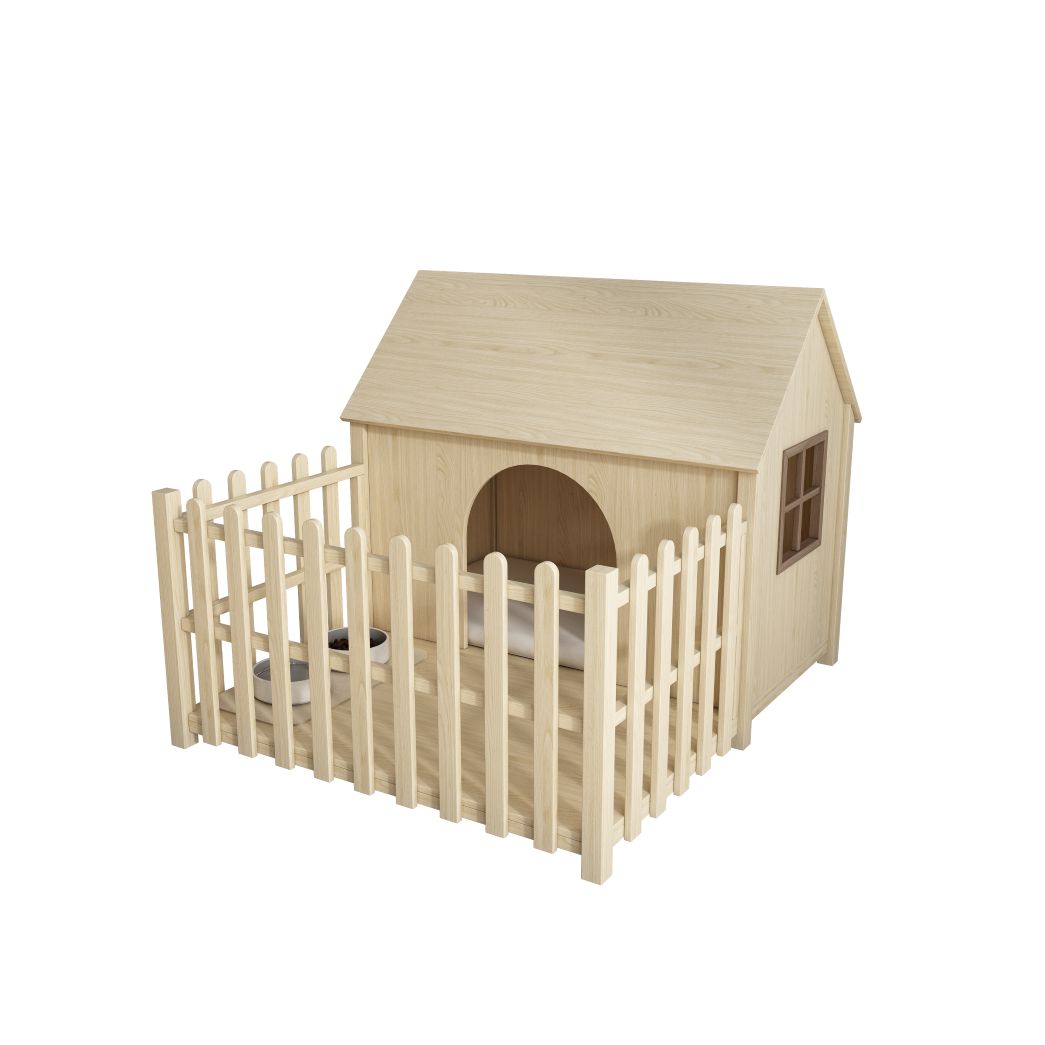 Light Wood Dog House with Fence, Indoor Pet Kennel & Feeding Area