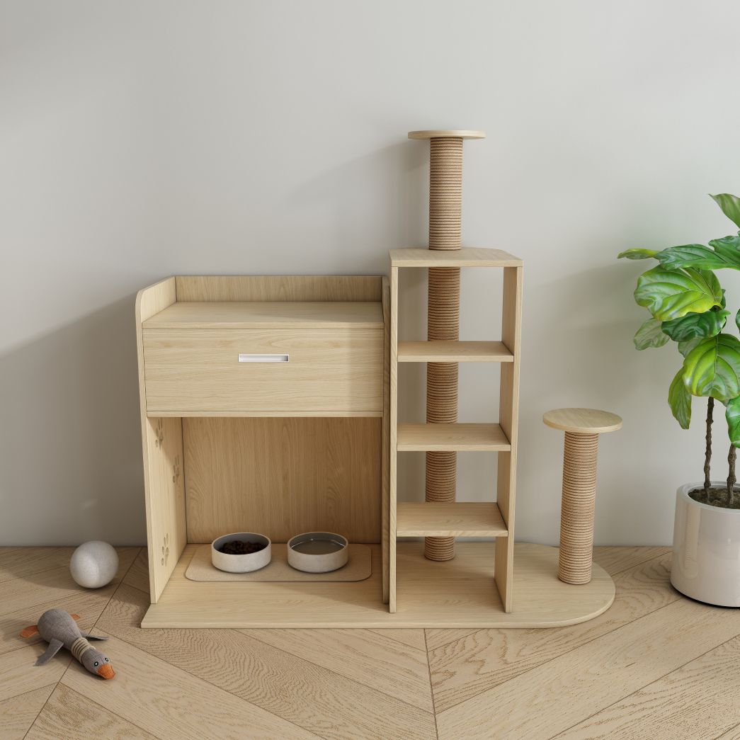 Multi-Functional Cat Tree with Feeding Station, Drawer & Scratching Posts
