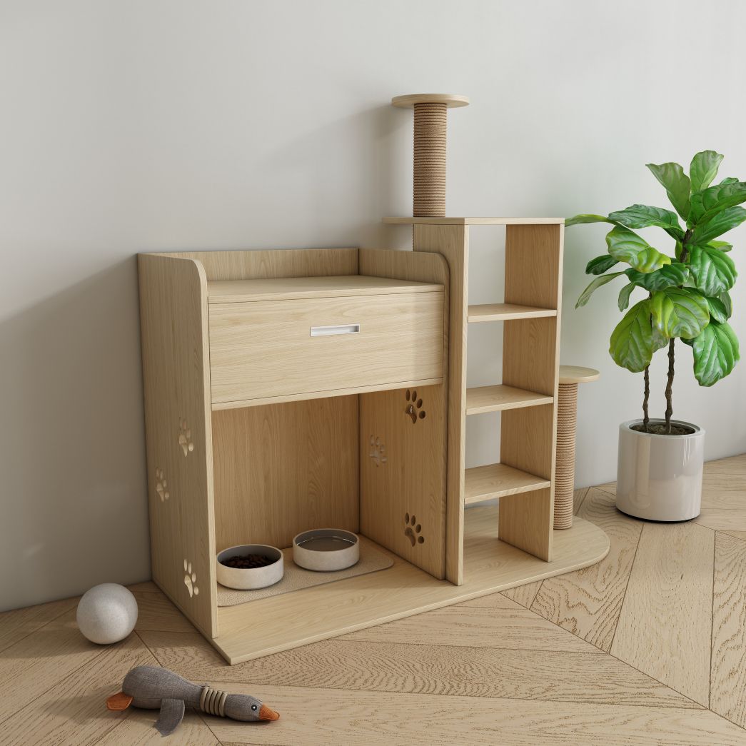 Multi-Functional Cat Tree with Feeding Station, Drawer & Scratching Posts