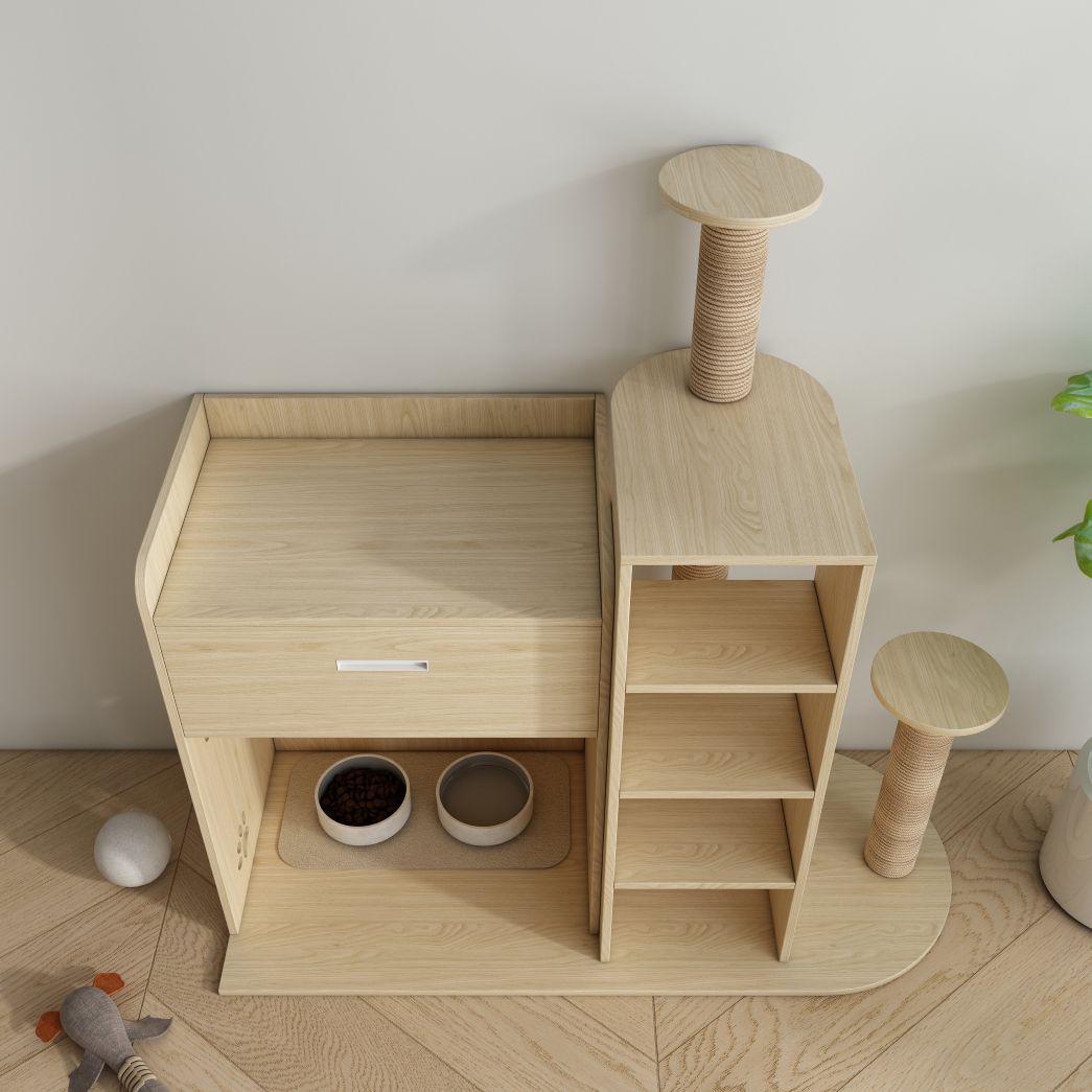 Multi-Functional Cat Tree with Feeding Station, Drawer & Scratching Posts