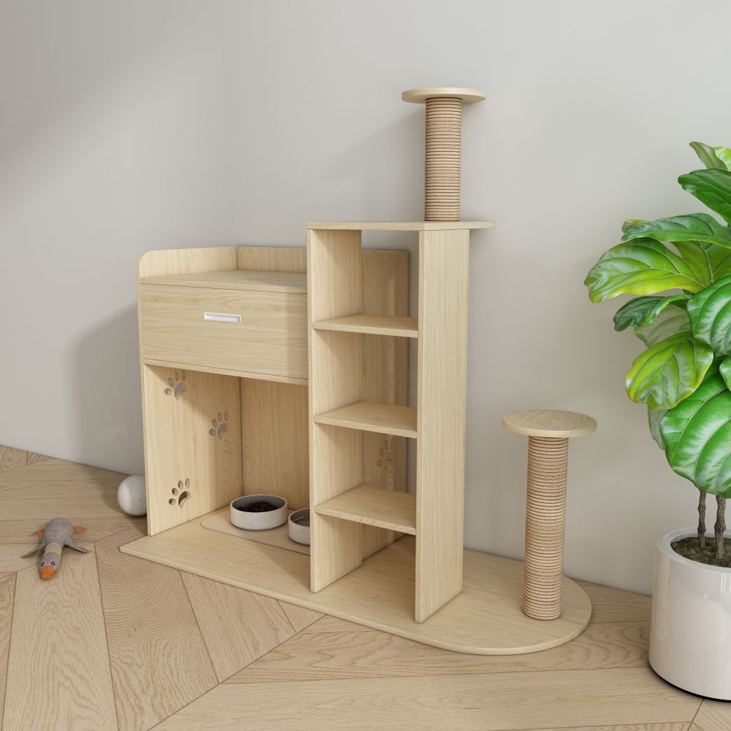 Multi-Functional Cat Tree with Feeding Station, Drawer & Scratching Posts