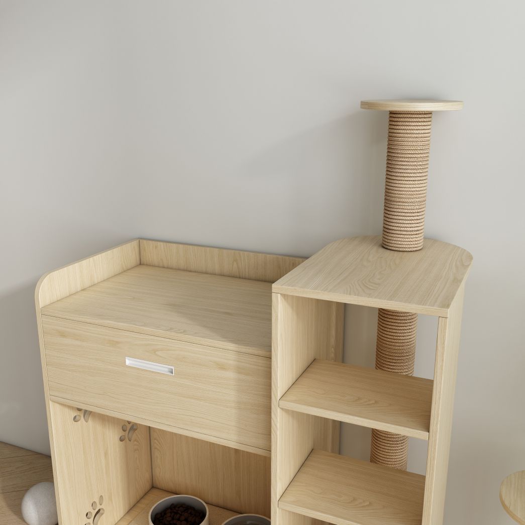 Multi-Functional Cat Tree with Feeding Station, Drawer & Scratching Posts