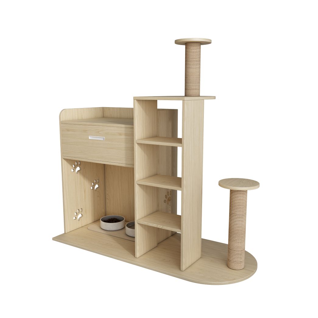 Multi-Functional Cat Tree with Feeding Station, Drawer & Scratching Posts