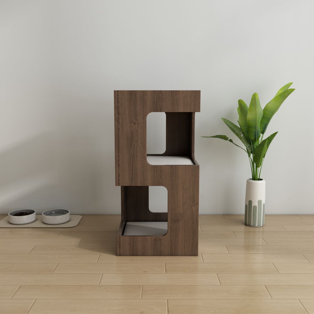 Tall Double-Level Cat House with Cushions, Modern Dark Wood Cat Condo