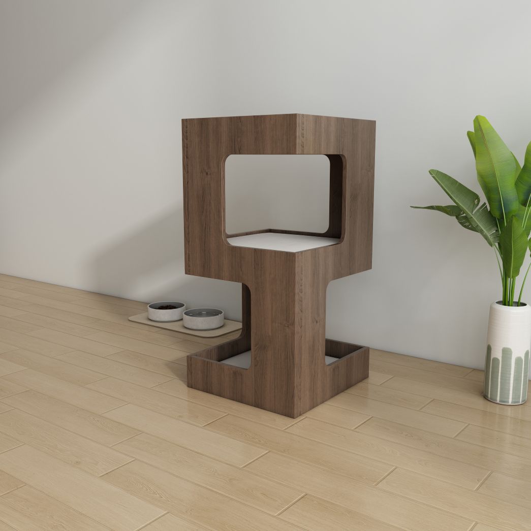 Tall Double-Level Cat House with Cushions, Modern Dark Wood Cat Condo