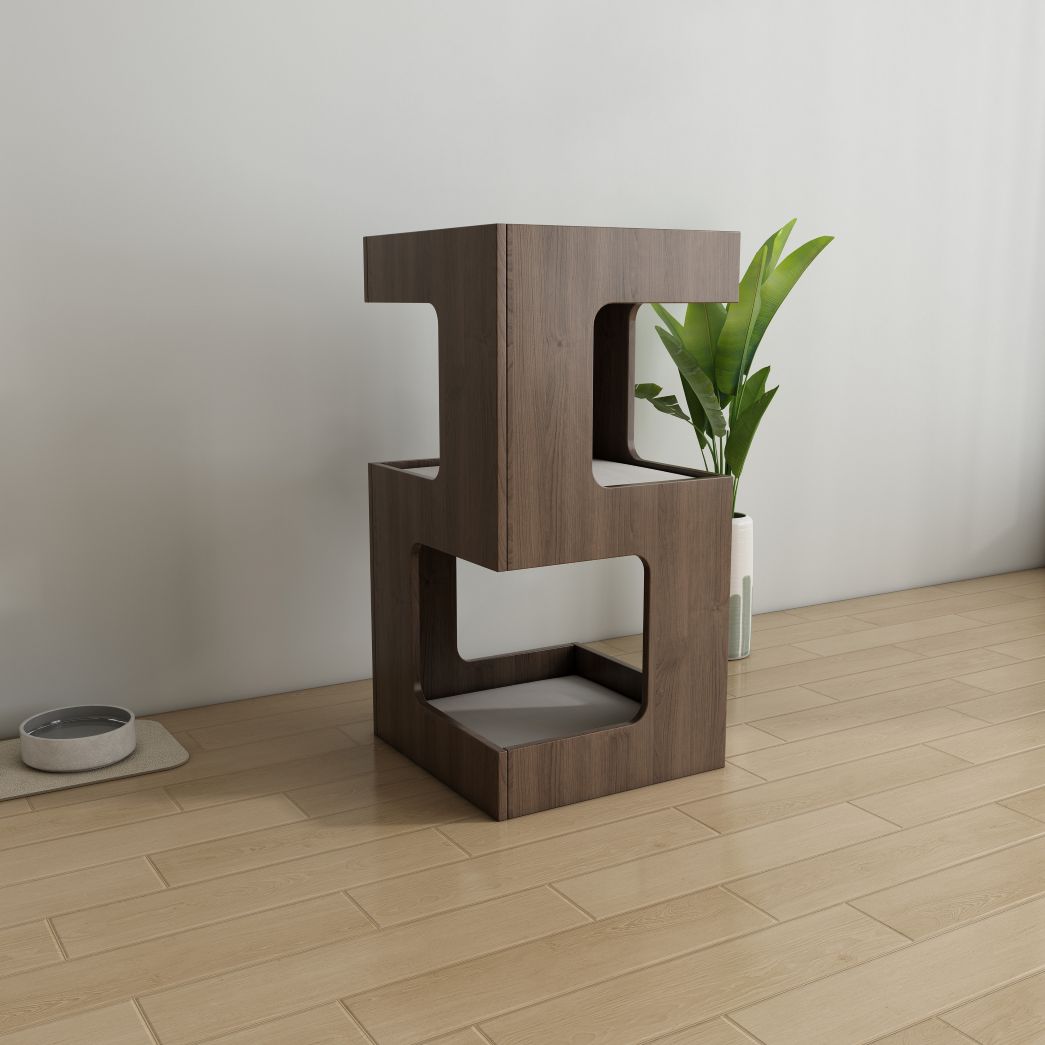 Tall Double-Level Cat House with Cushions, Modern Dark Wood Cat Condo