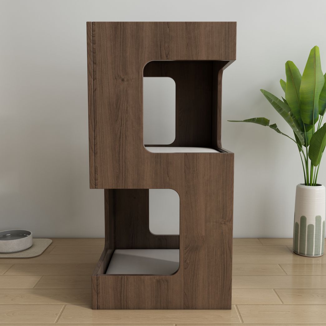 Tall Double-Level Cat House with Cushions, Modern Dark Wood Cat Condo