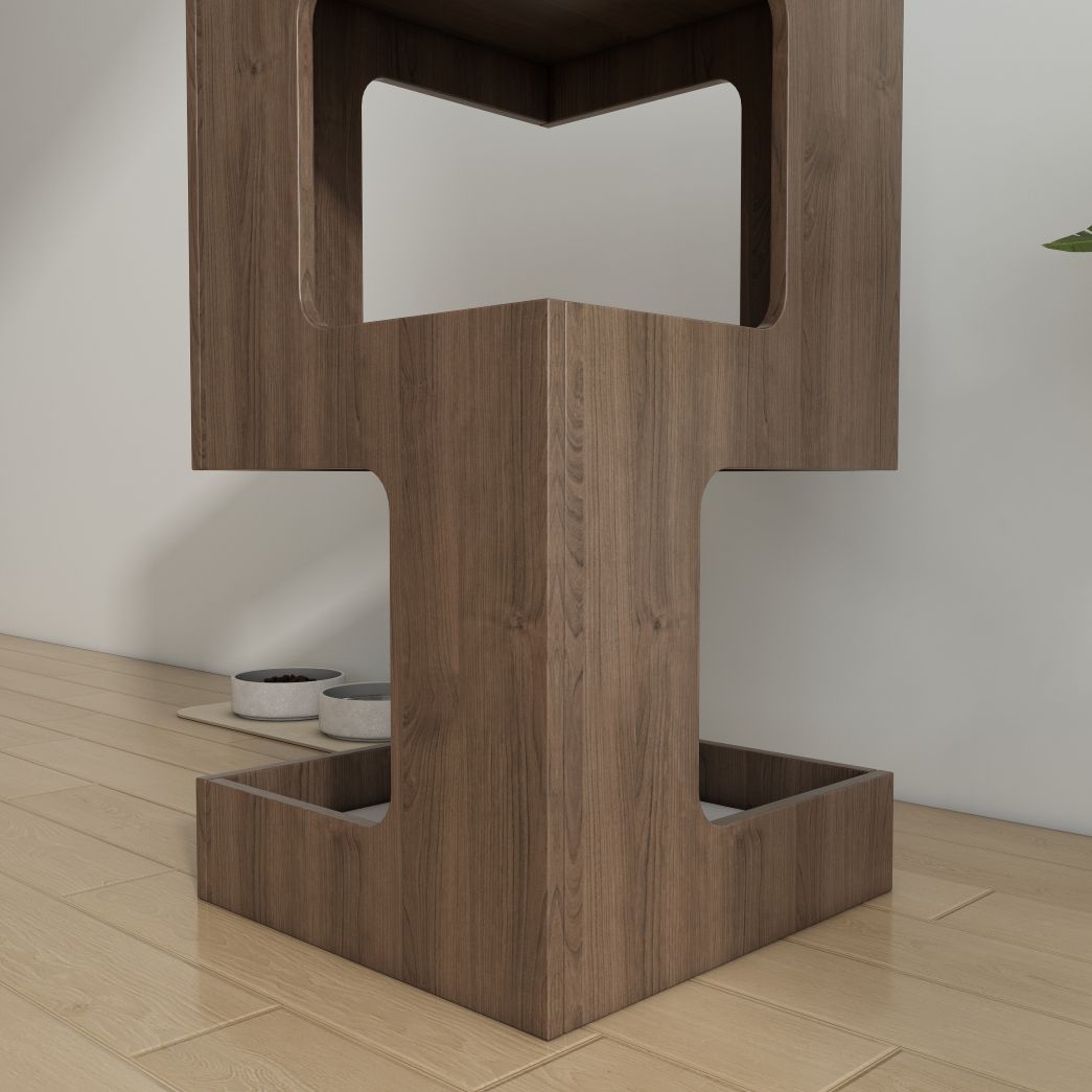 Tall Double-Level Cat House with Cushions, Modern Dark Wood Cat Condo