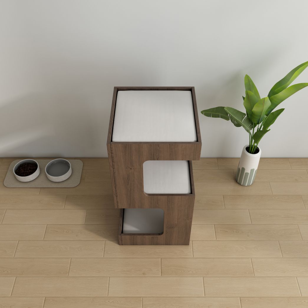 Tall Double-Level Cat House with Cushions, Modern Dark Wood Cat Condo