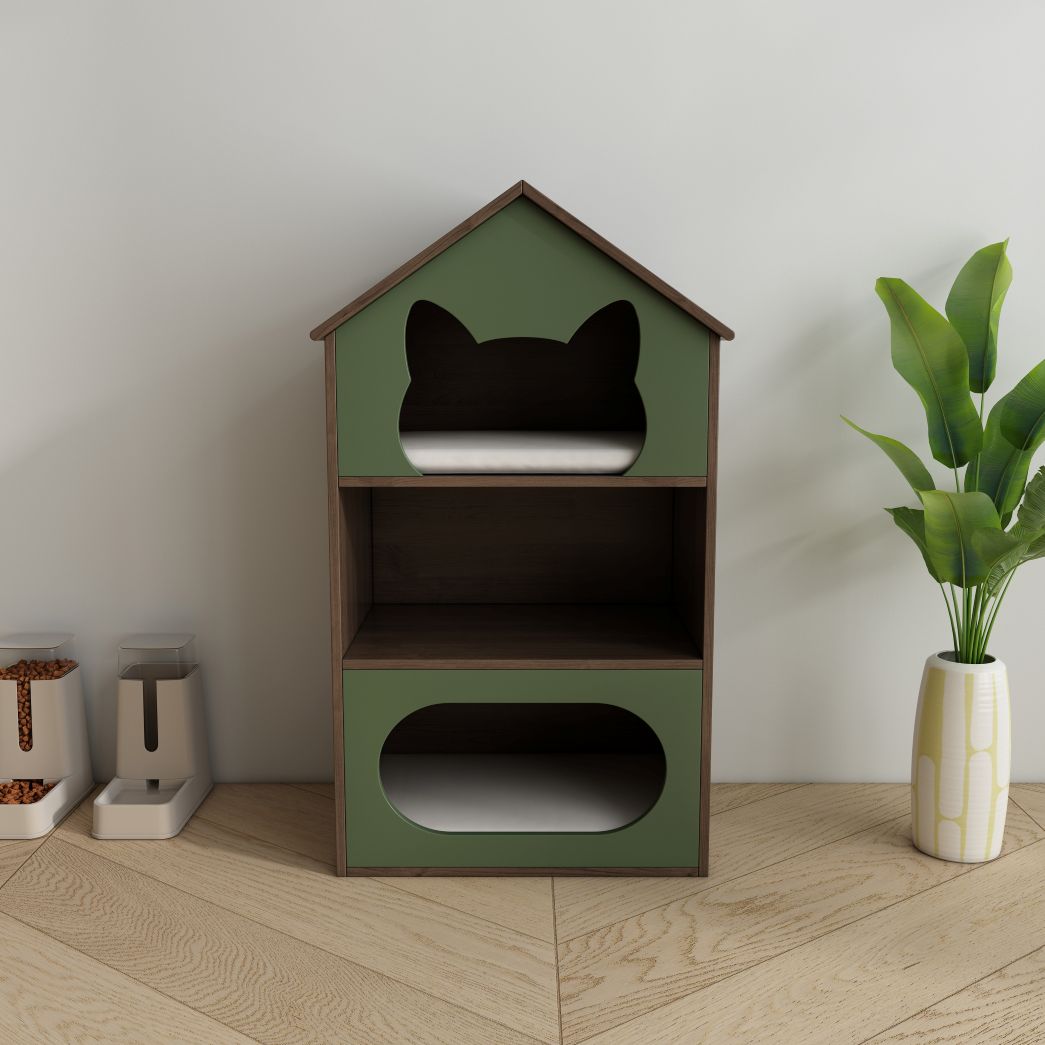 Green & Wood Cat House with Dual Hideaways & Open Shelf