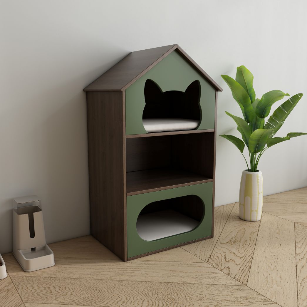 Green & Wood Cat House with Dual Hideaways & Open Shelf